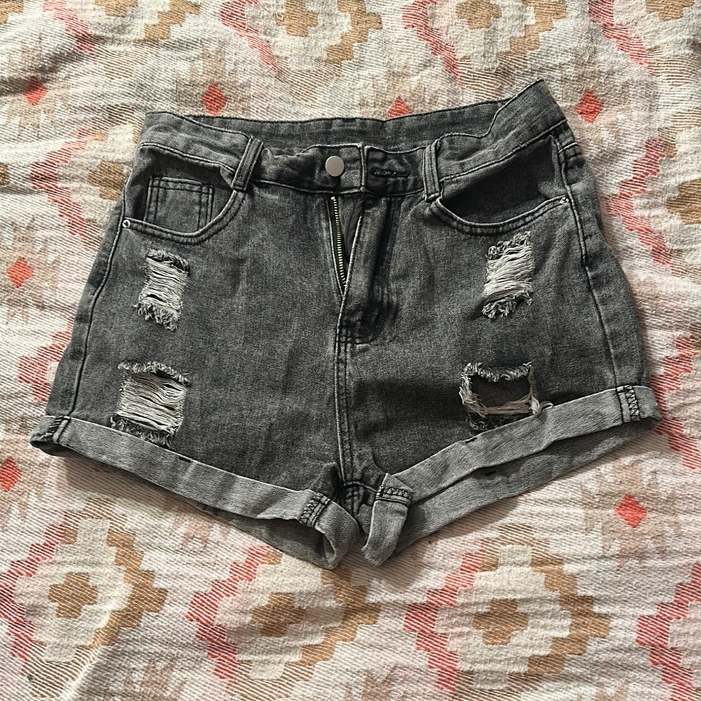 Distressed Dark Gray Denim Shorts